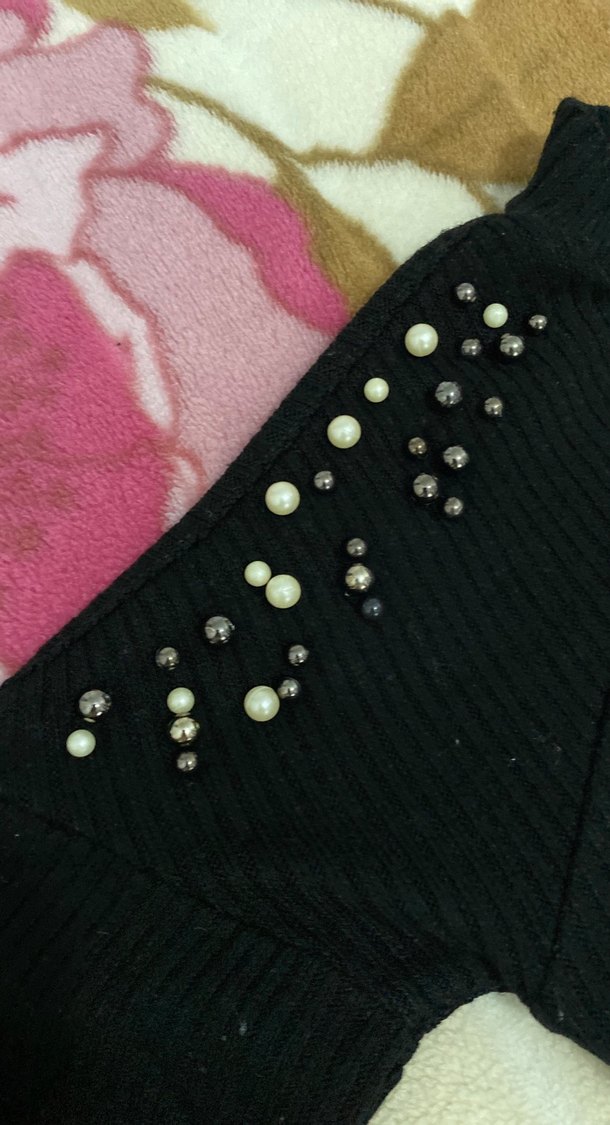 İnci Detaylı Siyah Kadın Triko Kazak - Görsel 3