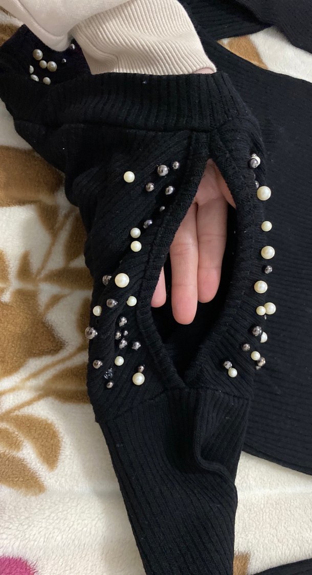 İnci Detaylı Siyah Kadın Triko Kazak - Görsel 5