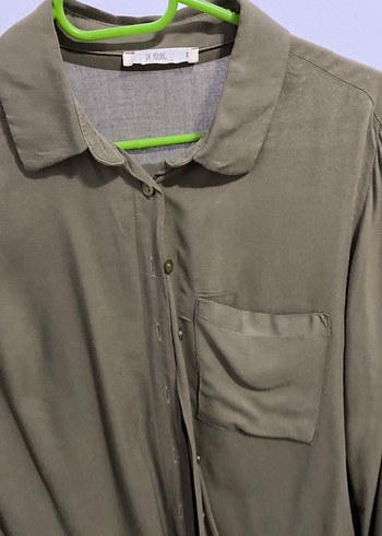 Düğmeli Uzun Kollu Haki Kadın Gömlek - Görsel 3