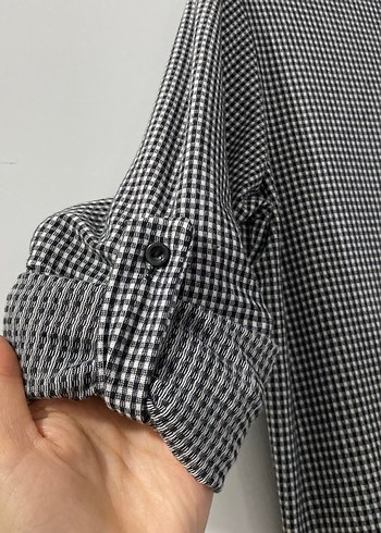 Gri Ekose Desenli Uzun Keten Gömlek - Görsel 6