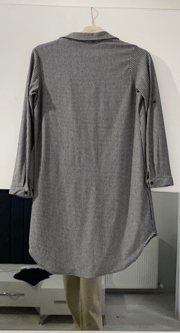 Gri Ekose Desenli Uzun Keten Gömlek - Görsel 5