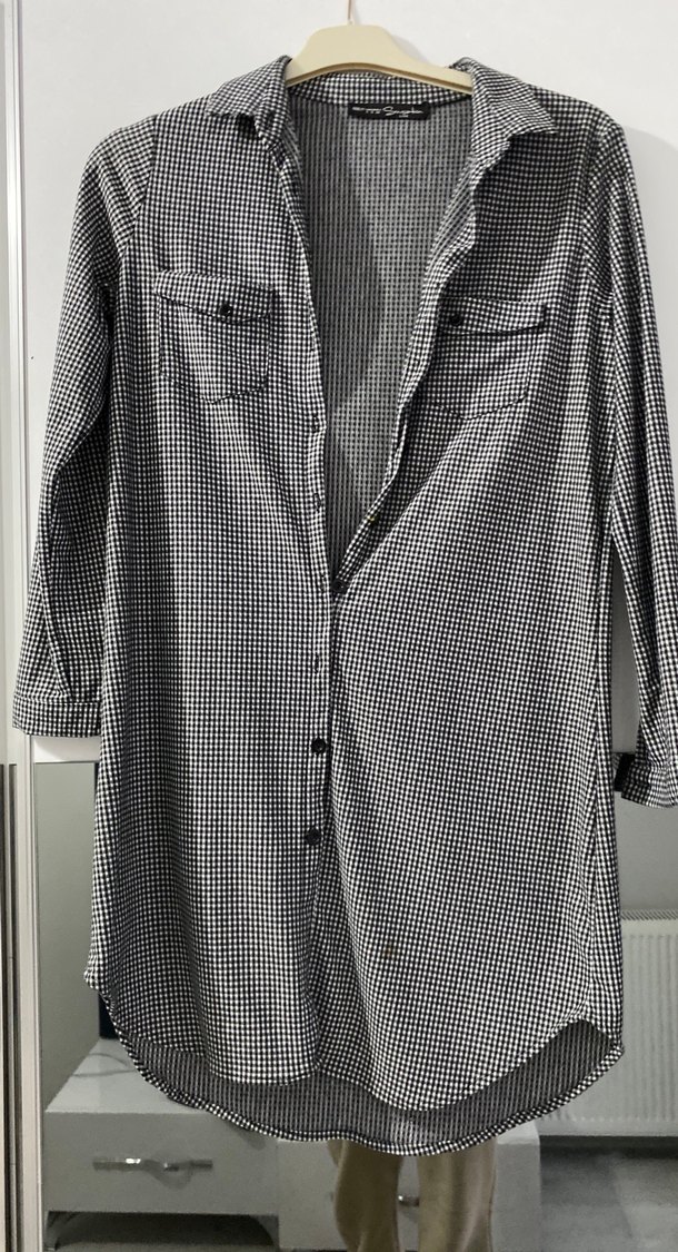 Gri Ekose Desenli Uzun Keten Gömlek - Görsel 3