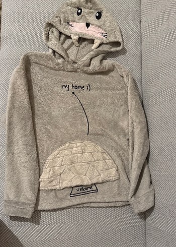 Kız Çocuk Gri Kapüşonlu Peluş Sweatshirt