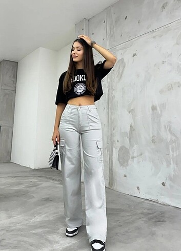 m Beden BİKELİFE Taş Gri Kargo Cepli Likralı Yüksek Bel Wide Leg Pantolo