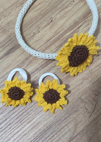 Sarı Örgü Ayçiçeği Saç Bandı ve Tokası Seti - Görsel 2