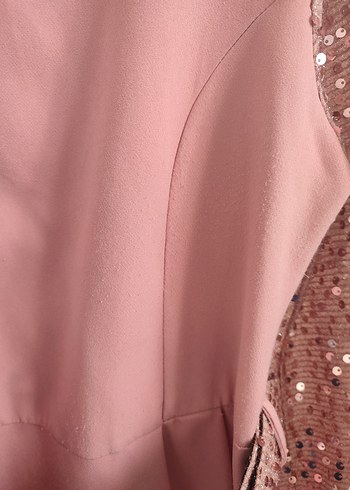 Diğer Pembe Parlak Kemerli Uzun Kollu Kadın Elbise