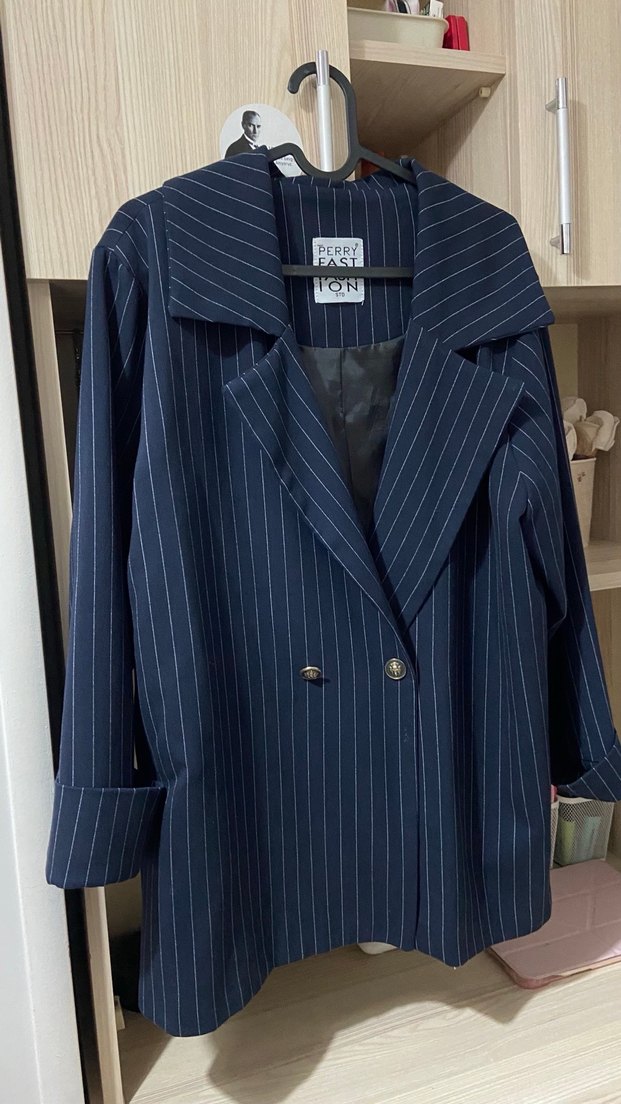 Lacivert Çizgili Düğmeli Kadın Blazer - Görsel 2