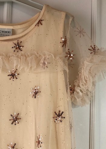 Bej Nakışlı Fırfırlı Kız Elbisesi - Görsel 3