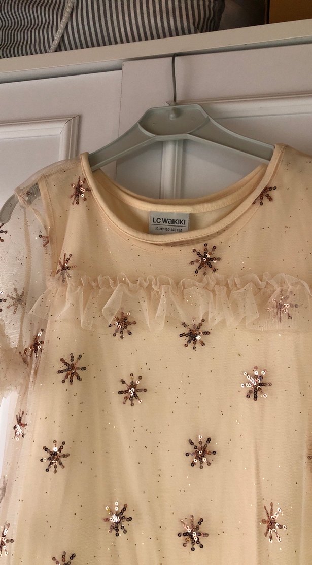 Bej Nakışlı Fırfırlı Kız Elbisesi - Görsel 2