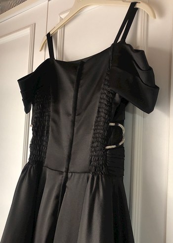 Siyah saten Midi gümüş  İşlemeli Kayık Yaka Abiye Elbise - Görsel 7