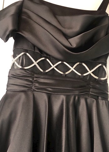 Siyah saten Midi gümüş  İşlemeli Kayık Yaka Abiye Elbise - Görsel 5