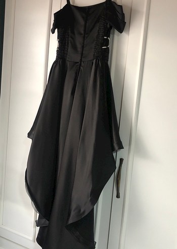 Siyah saten Midi gümüş  İşlemeli Kayık Yaka Abiye Elbise - Görsel 6