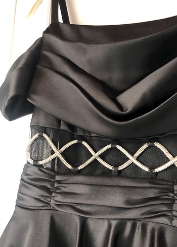 Siyah saten Midi gümüş  İşlemeli Kayık Yaka Abiye Elbise - Görsel 9