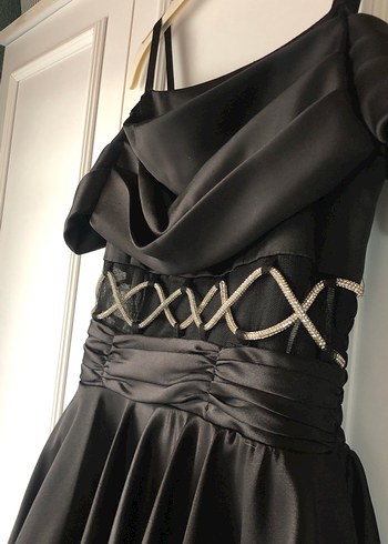 Siyah saten Midi gümüş  İşlemeli Kayık Yaka Abiye Elbise - Görsel 8