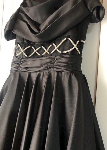 Siyah saten Midi gümüş  İşlemeli Kayık Yaka Abiye Elbise - Görsel 10