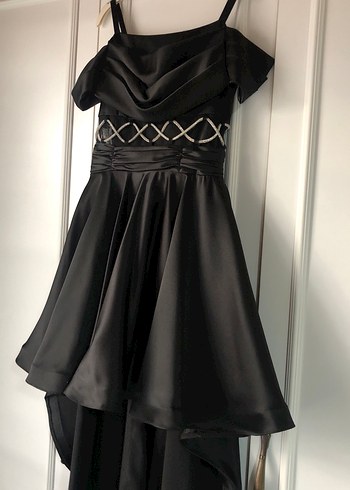 Siyah saten Midi gümüş  İşlemeli Kayık Yaka Abiye Elbise - Görsel 2