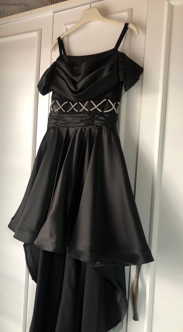 Siyah saten Midi gümüş  İşlemeli Kayık Yaka Abiye Elbise - Görsel 2