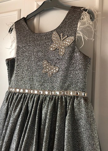 Gri Kelebek İşlemeli Kız abiye Elbisesi - Görsel 3