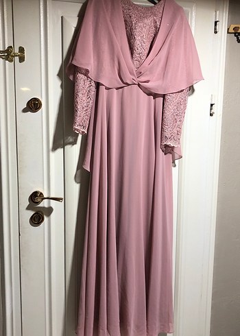 Pudra Pembe Drapeli Şifon Uzun Abiye Elbise