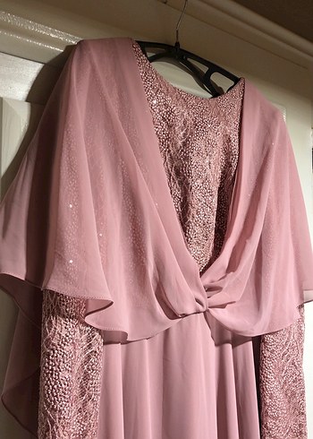 Pudra Pembe Drapeli Şifon Uzun Abiye Elbise - Görsel 6