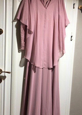 Pudra Pembe Drapeli Şifon Uzun Abiye Elbise - Görsel 5