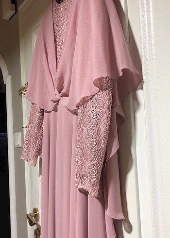 Pudra Pembe Drapeli Şifon Uzun Abiye Elbise - Görsel 8