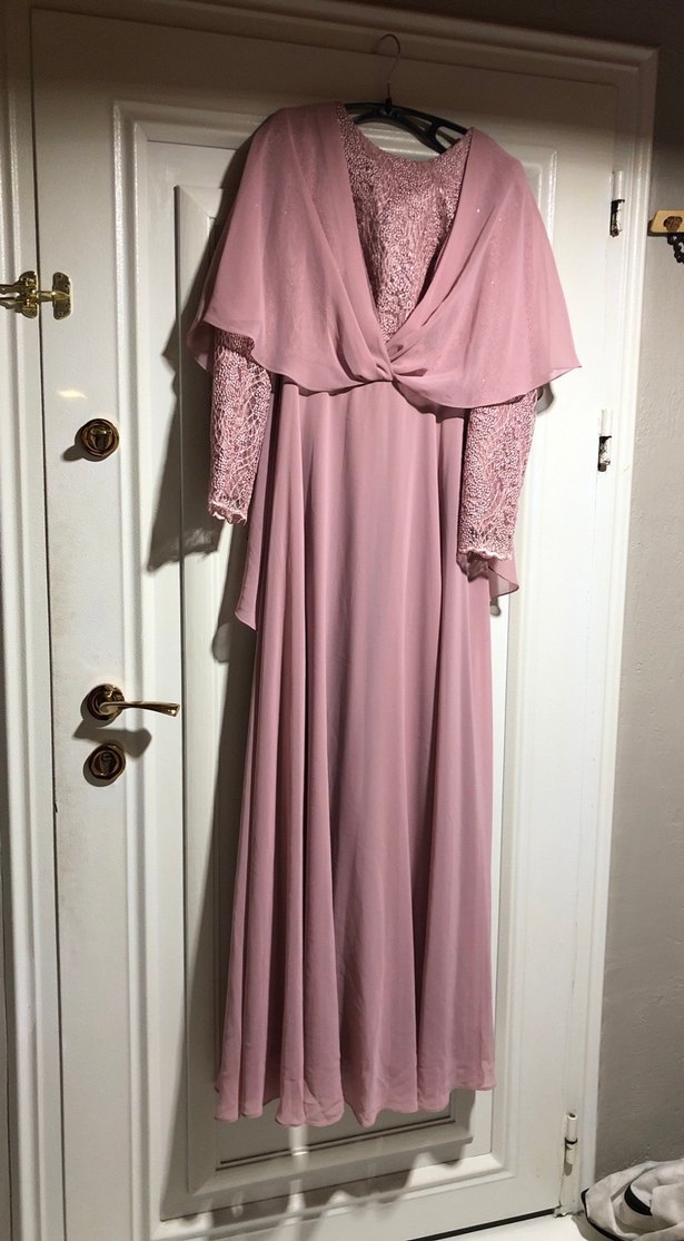 Pudra Pembe Drapeli Şifon Uzun Abiye Elbise - Görsel 2