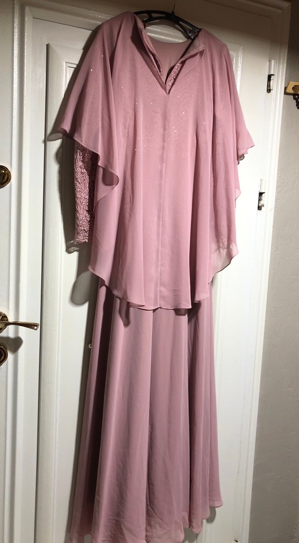 Pudra Pembe Drapeli Şifon Uzun Abiye Elbise - Görsel 5