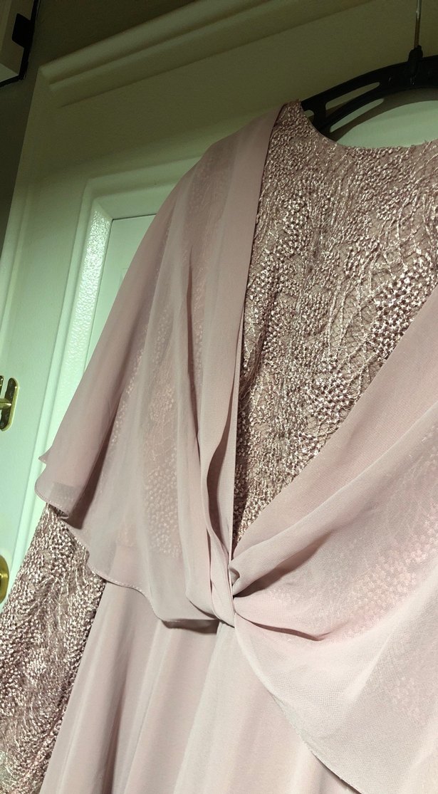 Pudra Pembe Drapeli Şifon Uzun Abiye Elbise - Görsel 3