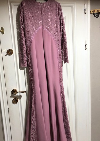 Gül kurusu  Dantel Detaylı Uzun Kollu Abiye Elbise - Görsel 6