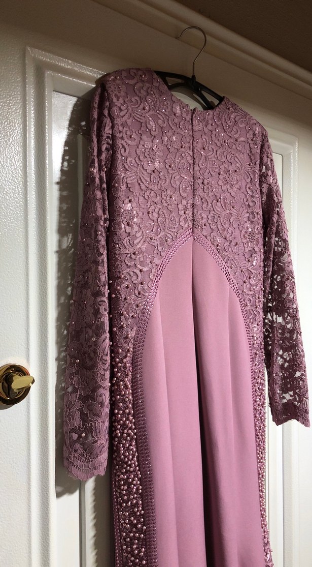 Gül kurusu  Dantel Detaylı Uzun Kollu Abiye Elbise - Görsel 5