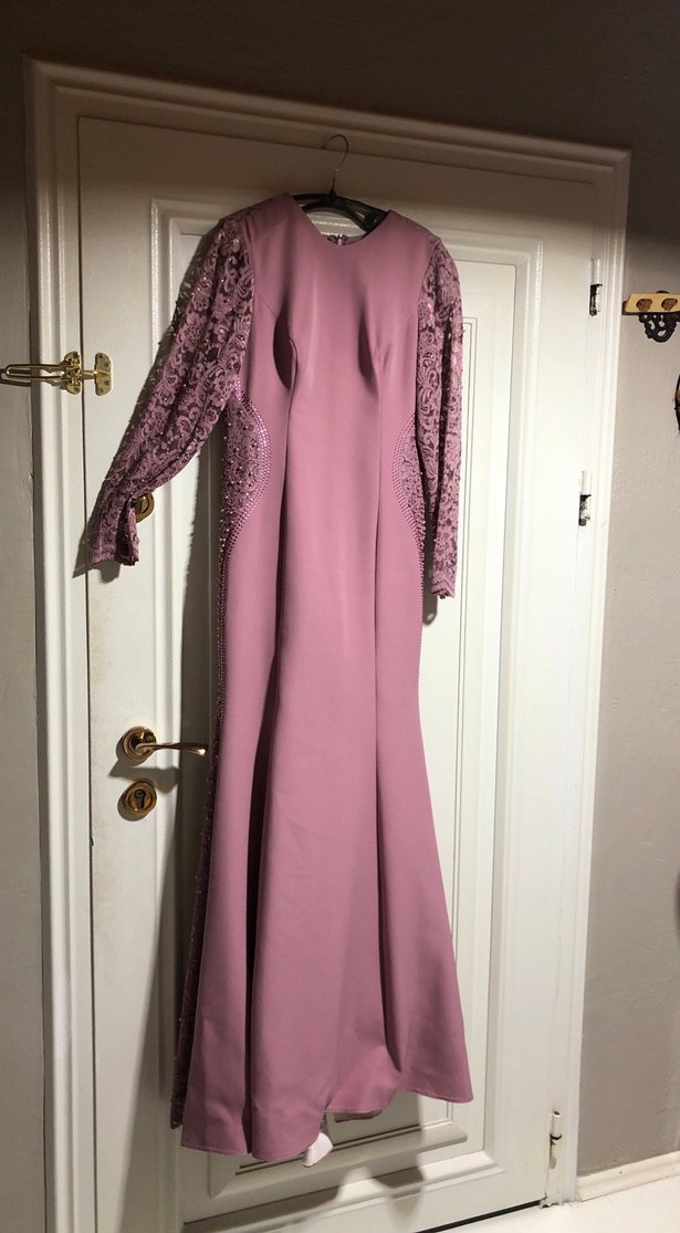 Gül kurusu  Dantel Detaylı Uzun Kollu Abiye Elbise - Görsel 2