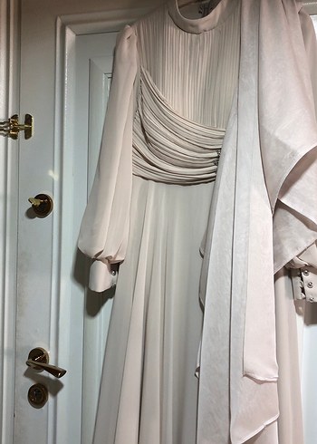 Drapeli bej tesettür abiye elbise - Görsel 8