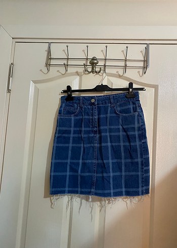 Mavi Kareli Denim Mini Etek TRENDYOL