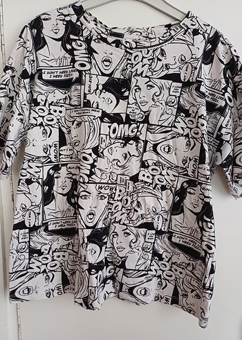 m Beden Kadın Pop Art Baskılı Gri Beyaz Tişört