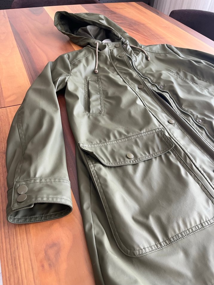 Kadın Haki Midi Yağmurluk Kapüşonlu - Görsel 3