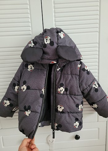 Gri Erkek Çocuk Mickey Desenli Kapüşonlu Mont