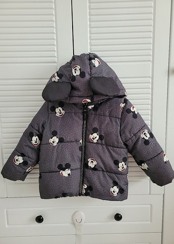 H&M Gri Erkek Çocuk Mickey Desenli Kapüşonlu Mont
