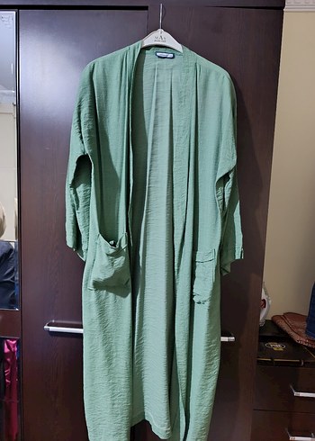 Uzun Kollu, Yüksek Yakalı Yeşil Keten kimona - Görsel 5