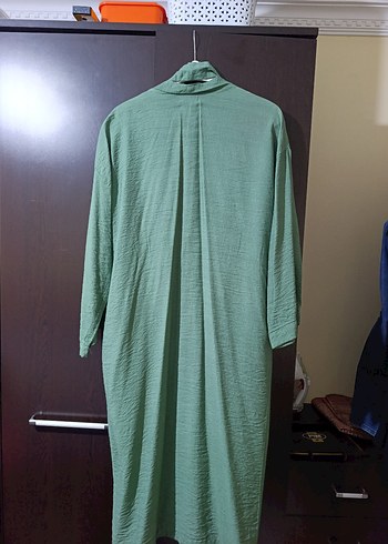 Uzun Kollu, Yüksek Yakalı Yeşil Keten kimona - Görsel 2