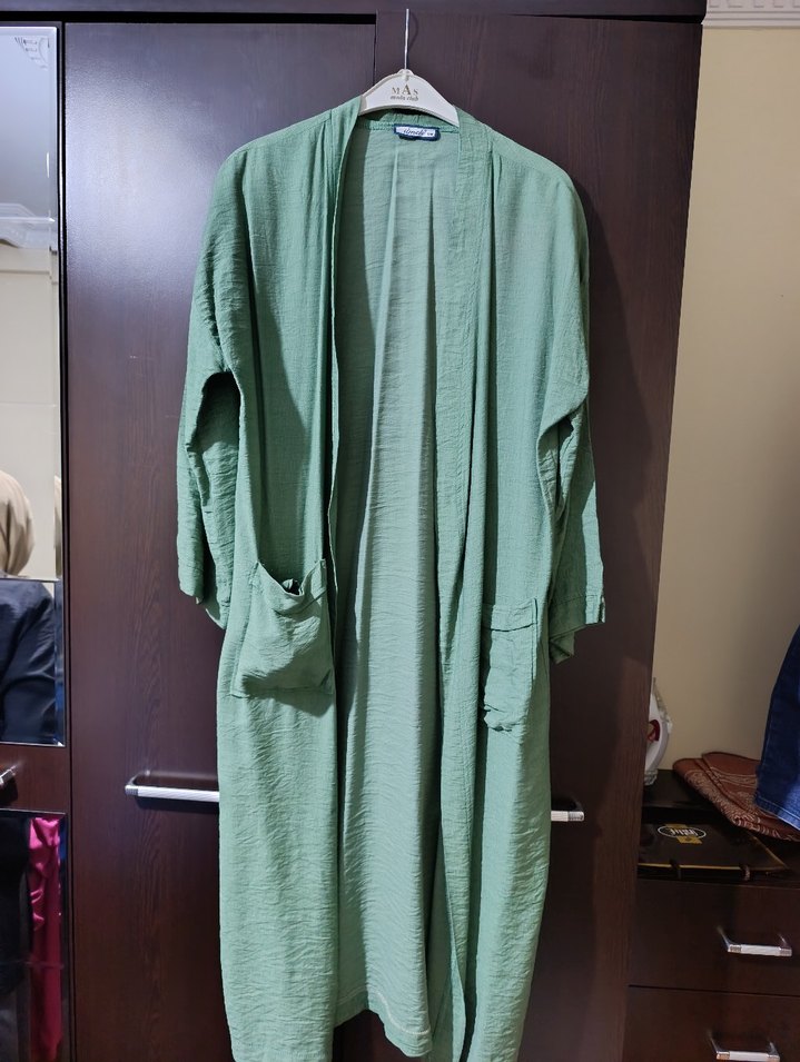 Uzun Kollu, Yüksek Yakalı Yeşil Keten kimona - Görsel 5