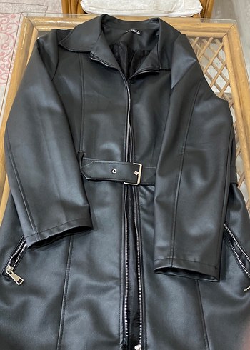 Siyah Deri Biker Kemerli Ceket - Görsel 2