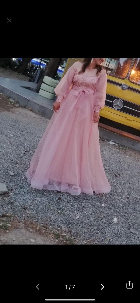 Pudra Pileli Uzun Kollu Straplez Nişan Elbisesi - Görsel 2