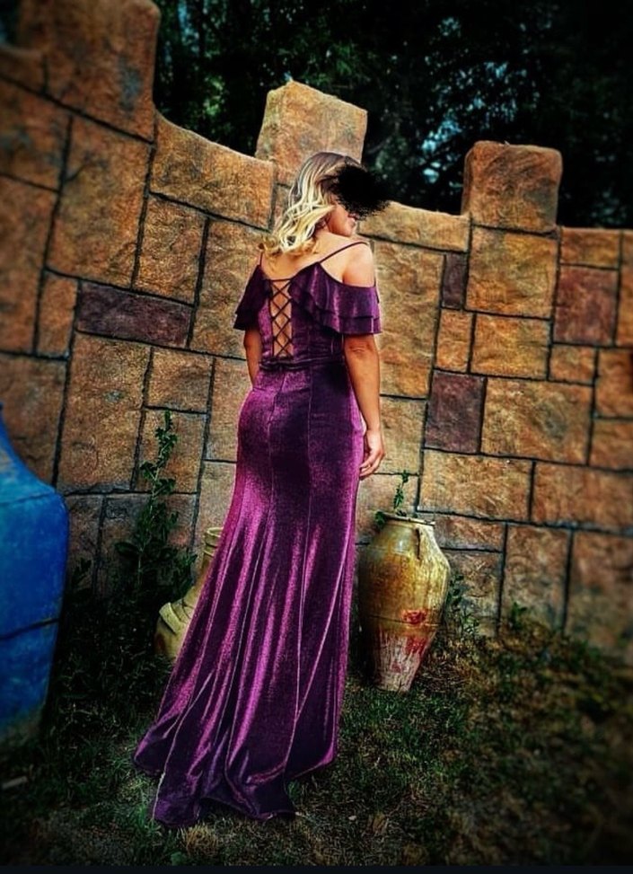 Mor Uzun Drapeli Straplez Abiye Elbise - Görsel 2