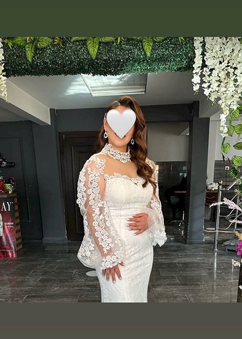 xl Beden Uzun Kollu Beyaz Dantel Denizkızı isteme söz elbisesi