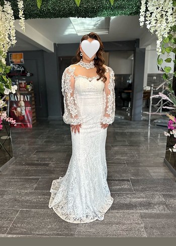 Uzun Kollu Beyaz Dantel Denizkızı isteme söz elbisesi