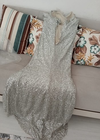 Gri payetli Drapeli Uzun Abiye Elbise - Görsel 6