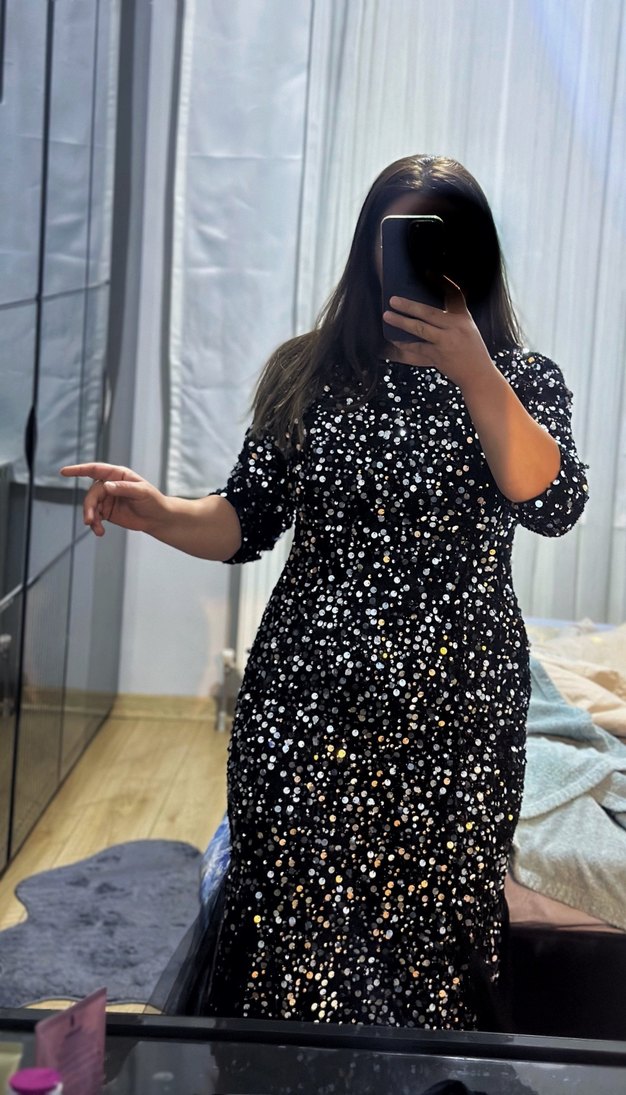 Siyah Parlak Uzun Kollu Balık Abiye Elbise - Görsel 4