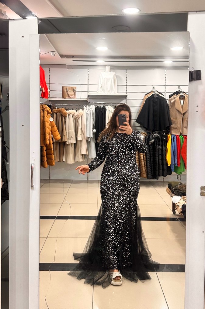 Siyah Parlak Uzun Kollu Balık Abiye Elbise - Görsel 2