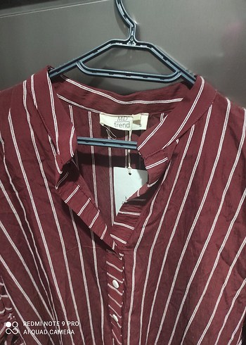 Diğer Bordo Çizgili V Yakalı Uzun Kadın Gömlek